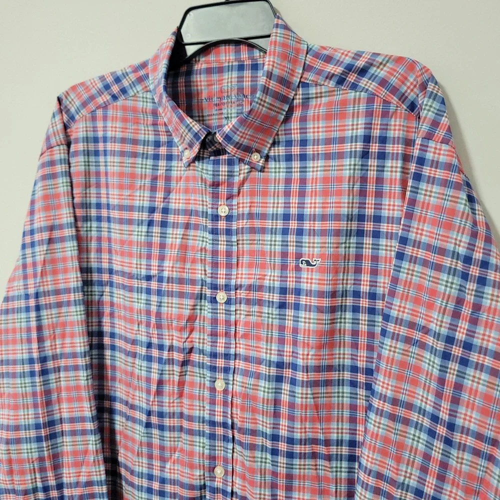 Vineyard Vines Performance Classic Fit Button Down Plaid Shirt Mens XL Blue Red